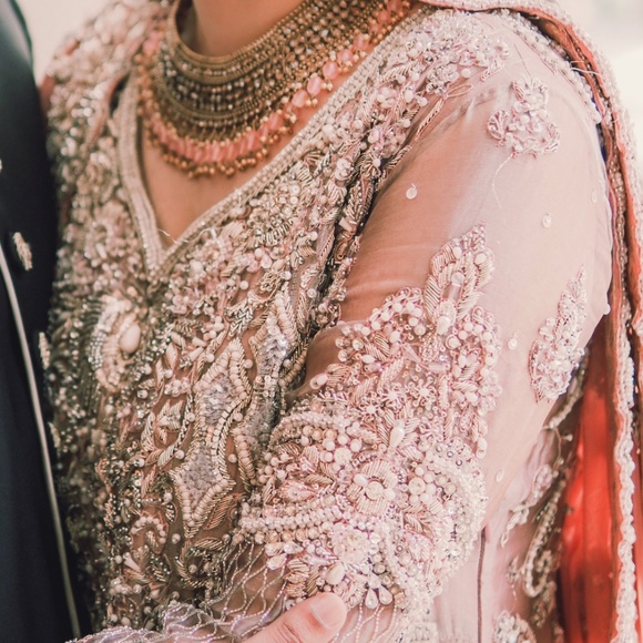 Indian Pakistani Bridal Wedding Long Gown Dress in Light Pink and Peach Pink - Picture 5 of 10